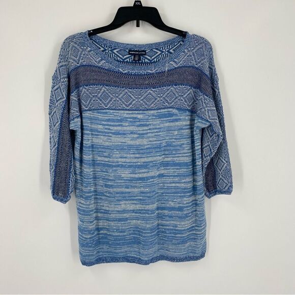 American Living Women’s Round NEck Aztec Print 3/4 Sleeve Blue Sweater size L - Picture 1 of 3
